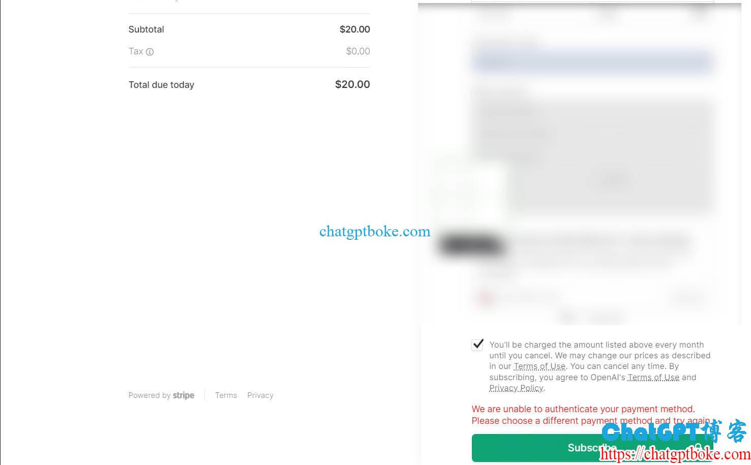 ChatGPT unable to authenticate your payment method
