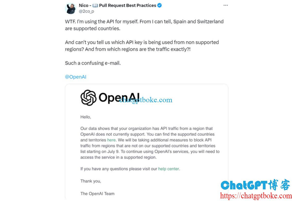 OpenAI从7月9日开始阻止不支持国家使用API服务